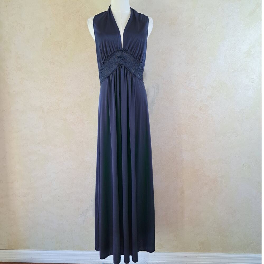 Vintage 70s Shadowline Nightgown Dress Navy Blue Lace Plunge Empire Maxi Medium